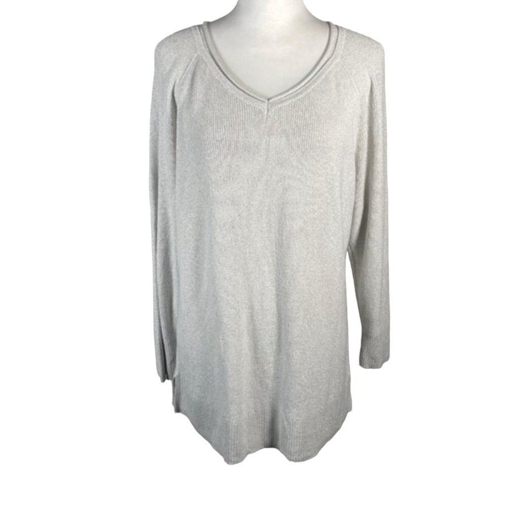 Liz Claiborne Light Gray V Neck Ribbed Fine Knit Long Sleeve Pullover Sweater L